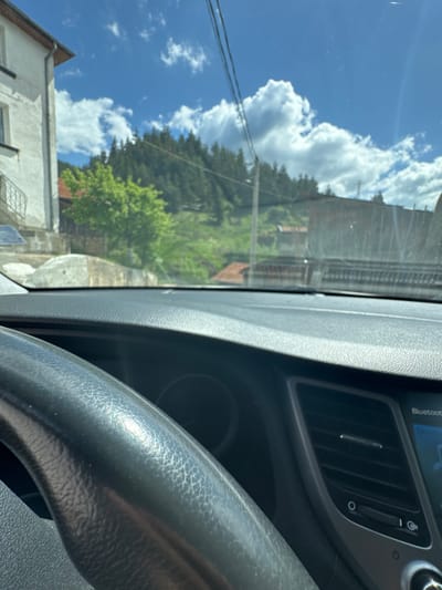 View from inside a car, showing the steering wheel and dashboard. Through the windshield, a partially obscured landscape including buildings, trees, and a cloudy sky. Location is likely Borino, Bulgaria.