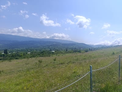 The image depicts a panoramic view of a rural landscape with rolling hills under a bright blue sky dotted with white clouds. In the foreground, a grassy field is covered with wildflowers of various colors, including pink, white, and yellow. A wire fence with metal posts runs diagonally across the lower right portion of the frame, marking the edge of the field.
The middle ground reveals a valley with a scattering of houses nestled amongst lush green trees. These structures appear to be residential, with some rooftops visible. The valley floor transitions into more densely wooded hillsides.
In the background, a range of larger, darker green mountains forms a distant horizon. The overall impression is one of a serene, natural environment, likely a hillside overlooking a village in a mountainous region. The scene is characteristic of the countryside surrounding Nikortsminda, Georgia, a region known for its natural beauty and traditional architecture. There are no people or animals visible in the image. The lighting suggests it is daytime, with the sun casting a clear light on the landscape.