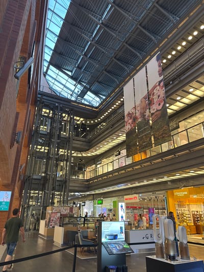This image captures the interior of a modern, multi-level shopping mall in Poznan, Poland, likely Stary Browar, given its architectural style. The scene is dominated by a striking glass and metal atrium ceiling, allowing natural light to filter into the expansive space. Several levels of shops and walkways are visible, with metal walkways and railings crisscrossing the upper floors. Prominently displayed are large vertical banners featuring a woman's profile and floral patterns, advertising a fashion brand, identified by text as "DOROTHEE SCHUMACHER".

On the ground floor, a man in a dark green t-shirt and denim shorts is walking away from the camera, towards the left side of the frame. To his right, a cafe or dessert shop with a display counter featuring various treats is visible. Further into the background, shopfronts line the mall, including "L'OCCITANE EN PROVENCE" with its distinctive yellow signage, and "VISION EXPRESS". A group of people are browsing inside "VISION EXPRESS". In the foreground, on the right, several sleek, white Dyson air purifiers are on display. The overall atmosphere suggests a busy, contemporary retail environment.
