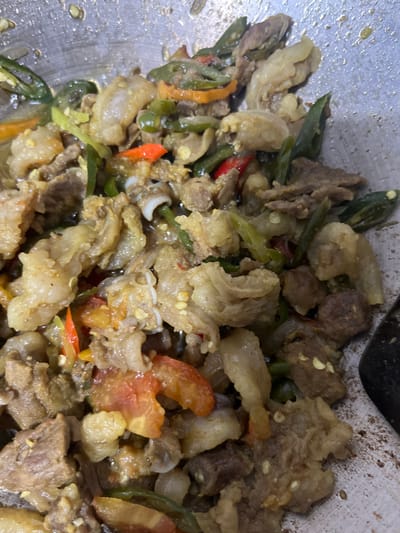 This close-up, overhead shot captures a cooked dish within a metallic pan or wok. The primary subjects are a mixture of ingredients, predominantly various cuts of meat, likely beef. These include irregular, pale yellow to beige pieces that appear to be fatty tissue, tendon, or beef skin, along with darker brown chunks of lean meat.

Interspersed throughout the dish are numerous sliced green chili peppers, adding a vibrant contrast, and smaller segments of red or orange chili peppers, suggesting a spicy flavor profile. Diced pieces of red tomato are also visible, contributing to the dish's color and texture. The ingredients are coated in a glossy, light brown sauce, and scattered white or pale yellow chili seeds are noticeable. The food appears moist and freshly prepared or still warm.

A portion of a dark-colored cooking utensil, resembling a spoon or spatula handle, is visible in the upper right section of the image, suggesting the dish is either being stirred or has just been served from the pan. The pan itself has a reflective, silver surface with minor streaks and reflections.

There are no people or visible text in the image. The time of day and weather cannot be determined from the scene. The image depicts a prepared meal, possibly a stir-fry or stew, reflecting local cuisine often found in locations like Lampeudaya, Indonesia, as specified by the context, although no visual cues confirm the exact location.
