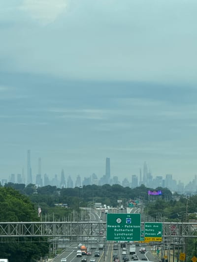 This is a vertical, wide-angle photograph taken from a high vantage point, possibly an overpass or elevated highway, looking down at a busy multi-lane highway. The scene appears to be in Clifton, USA, under a hazy, overcast sky, suggesting it's either early morning or late afternoon with poor visibility.

The main subjects are the highway traffic and the accompanying infrastructure. Numerous cars and trucks are visible on the highway, suggesting a significant amount of activity. Overhead, large metal structures, likely part of an electrical grid or highway support system, dominate the middle ground. Road signs are prominent, with one large green sign indicating directions to "Newark - Paterson," "Rutherford," and "Lyndhurst," with exit information for "EXIT 1/2 MILE." Another green sign points towards "Main Ave," "Nutley," and "Passaic," with an "EXIT 15 MPH" sign above it. In the distance, a city skyline is faintly visible through the haze, a common sight in the New Jersey/New York metropolitan area.

Further to the left of the highway, a line of trees separates the roadway from what appears to be a billboard or digital display, currently showing a purple and blue advertisement. A small American flag is also visible, mounted on a pole amidst the trees, fluttering gently. The overall impression is one of urban sprawl and transportation infrastructure under a muted, diffused light.