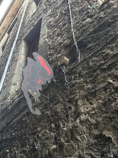 A low-angle shot reveals a rough, stone-like ceiling or wall, crisscrossed with wires and an old electrical fixture. A black, stylized cat silhouette with yellow eyes and a red spine, appears to be mounted on the structure. Part of a window with a triangular overhang is also visible in the frame.