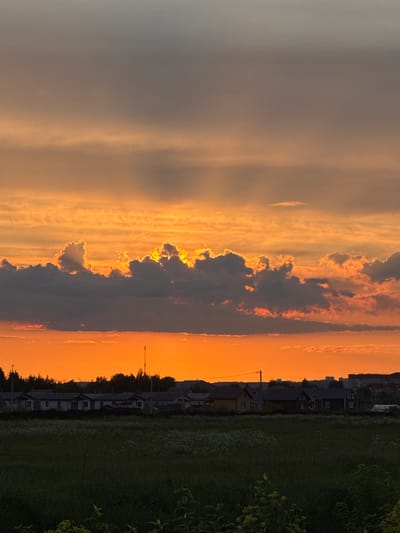 The image captures a dramatic sunset over a rural or suburban landscape in Горный, Russia. The scene is dominated by a vibrant, multi-hued sky and silhouetted clouds.
A prominent band of dark, irregularly shaped clouds stretches across the middle of the sky. These clouds are intensely backlit by the setting sun, causing their edges to glow with bright yellow and fiery orange light, creating a striking contrast against their darker bodies. Above this central cloud formation, the sky transitions from a textured warm orange to a softer, muted grey towards the upper left. Below the main cloud band, the sky is a deep, intense orange, indicating the sun's position near or just below the horizon.
Along the horizon line, a dark silhouette of residential houses and trees is visible, stretching from left to right. These buildings appear to be single or two-story homes, standing out sharply against the brilliant orange backdrop. A tall, slender structure, possibly a utility pole or antenna, can also be seen among the houses. The foreground consists of a dark field, likely covered in grass and other vegetation, with some lighter green details discernible on the right side.
The time of day is clearly sunset, characterized by the warm, glowing colors. No specific activity or visible text is present in the image. The overall impression is one of natural beauty and serenity, highlighting the dramatic interplay of light and shadow during dusk.