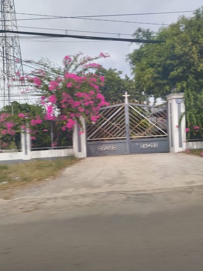 The image depicts a grey metal double gate, ornate with scrollwork, leading to a property. A white cross is visible above the gate, indicating it may be associated with a religious institution or residence. Flanking the gate are grey and white pillars, with one pillar on the right adorned with a blue and white plaque. Vibrant pink bougainvillea flowers cascade over a white fence in front of the gate and along the right pillar. To the left of the gate, a tall, lattice-like metal tower, likely a telecommunications tower, stands against a cloudy sky. A power line stretches across the upper portion of the frame. The foreground shows a paved road and a grassy verge. The overall scene suggests a location within a city or town, possibly Bac Cam Ranh Ward, Vietnam, given the context.