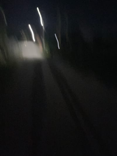 An uncropped, low-light, night-time photograph taken from a moving vehicle shows streaks of light. The vehicle appears to be traveling down a paved road, as indicated by tire tracks and the road surface. The streaks of light, likely from streetlights or other external light sources, are blurred due to the motion of the camera. The surrounding environment is dark and indistinct, with faint suggestions of trees or foliage along the sides of the road. The image is grainy and underexposed, typical of night photography with a smartphone. The scene is devoid of any human subjects or identifiable landmarks.