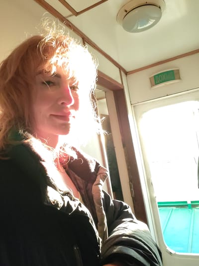 A woman with reddish-blonde hair is taking a selfie indoors, illuminated by bright sunlight. She is wearing a dark jacket with a fur-lined hood and a necklace. The background shows a ceiling with a light fixture, a green sign in Cyrillic that reads "ДОХОД" (income/revenue), a door, and a window with a turquoise-colored covering. The interior appears to be a mode of transportation, possibly a train or bus, given the narrow confines and the nature of the signage. The bright light suggests it might be daytime. The scene is consistent with an interior of a compartment in the city of Shcheleiki, Russia.