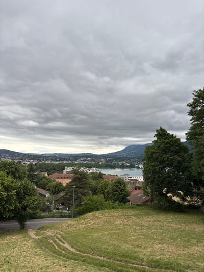 The image shows an overcast day with a view of a city and a body of water surrounded by hills. In the foreground, there is a grassy hill with tire tracks. A road runs along the bottom left of the frame, leading past some houses and trees. In the middle ground, there are several buildings, including houses with red tile roofs and modern white apartment buildings. A body of water, likely a lake, is visible in the distance, with a city spread out along its shores. Further in the background, hills and mountains rise, with some appearing to be covered in a light mist. The sky is filled with heavy, grey clouds. The scene is not specific to Annecy, France, as there are no identifiable landmarks or characteristics that would pinpoint the location to that city.