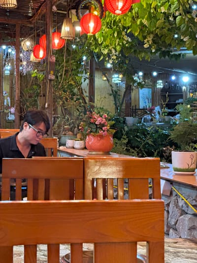 The image depicts a partially obscured view of a person with dark hair and glasses, situated behind a wooden structure, possibly a chair or partition. The individual is wearing a dark shirt and seems to be looking towards the left.
The setting appears to be an outdoor dining area, likely in Mèo Vạc Commune, Vietnam, judging by the foliage, lanterns, and architectural style visible in the background. There are red lanterns hanging amongst lush greenery. Decorative elements, such as potted plants and light fixtures, adorn the area. A path or alley is visible behind the foliage, illuminated by scattered lights. The overall impression is of a lively and inviting outdoor space.