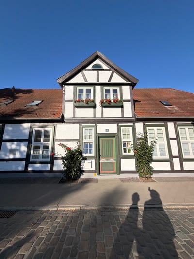 The image captures a charming, traditional half-timbered house with a red tile roof, set against a clear blue sky. The house features white plaster walls with dark wood beams, and green-trimmed windows, some adorned with red flowers in window boxes. A green door is centrally located on the ground floor, marked with the number "119". Two prominent shadows of people are cast on the cobblestone street and sidewalk in the foreground, suggesting their presence just outside the frame. Lush green bushes flank the entrance. The setting appears to be a historic street in Rostock, Germany, given the architectural style and cobblestone paving.