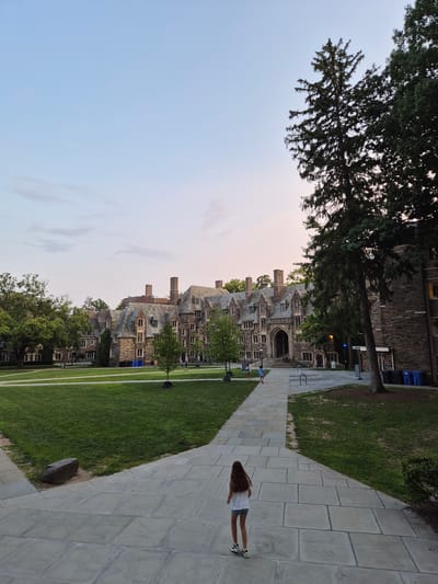 A young girl with long brown hair, wearing a white t-shirt and denim shorts, walks away from the camera on a stone pathway. She is on a campus in Princeton, New Jersey, United States of America, in front of a large, gothic-style stone building with a gray slate roof and arched doorways. The building appears to be a dormitory or academic hall, with numerous windows and chimneys. A well-manicured green lawn stretches out to the left of the pathway, with scattered trees and a large, dark rock near the edge of the lawn. On the right side of the pathway, a tall evergreen tree with dark green foliage is prominent. The sky above is a pale blue with hints of pink, suggesting it is either early morning or late evening. Other people are visible in the background, walking on the pathway and near the entrance of the building. Several blue trash receptacles are located to the right of the building's entrance.
