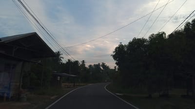 The image shows a rural road in Luengbaro, Indonesia, at dusk. The sky is a pale blue with scattered clouds, and power lines stretch across the frame. On the left side of the road, a small, weathered building with a dark, pitched roof is visible, possibly a roadside stall or dwelling. Further down the road, another small, open-sided shelter with a dark roof stands beside the road. Lush green trees, including palm trees, line both sides of the road, creating a dense foliage. A dark-colored motorcycle with a rider is visible on the road, moving away from the viewer and turning a bend. The road itself is paved and has white lines marking its edges. The overall impression is of a tranquil, natural setting on the outskirts of a village.