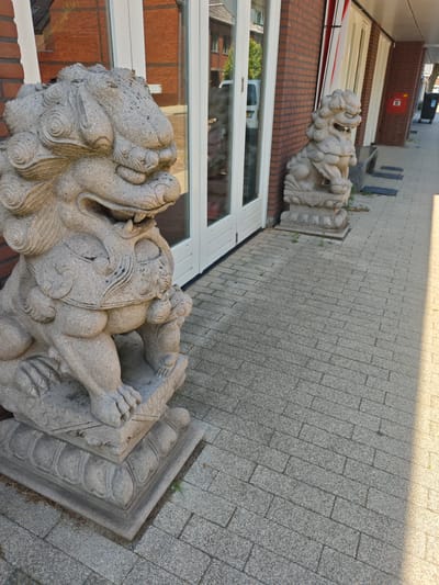 The image shows two stone lion statues positioned outside a building with a red brick facade and white-framed glass doors in Tilburg, Netherlands. The statue in the foreground, larger and closer to the camera, is a detailed carving of a seated lion with a stern expression and ornate mane. Its paws rest on a decorative pedestal. A second, smaller statue of a similar lion is visible further down the paved walkway, to the right of the first. The walkway is constructed of grey interlocking bricks. The building's windows reflect the brickwork and a treeline. The lighting suggests it is daytime, with a shadow cast diagonally across the walkway from the right. There are no people visible in the frame.
