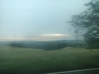 This media file captures a blurred, motion-filled view of a rural landscape, likely taken from a moving vehicle. The scene depicts rolling green hills and fields stretching towards a distant tree line and mountainous terrain. A large tree, heavily blurred due to motion, dominates the right side of the frame, its branches indistinct. In the background, a tall, slender pylon stands against the hazy sky, suggesting the presence of power lines. The sky itself is overcast with a pale, cool light, hinting at either early morning or late afternoon, possibly with fog or mist present, given the softness of the distant features. The overall impression is one of a tranquil, natural setting being observed during transit. No people or specific objects beyond the pylon are clearly discernible. There is no visible text. The location context is Šternov, Czechia.