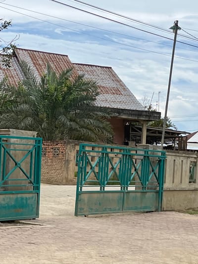 The image shows a street view in Benuaraja, Indonesia, featuring a partially opened turquoise metal gate in the foreground. Beyond the gate, a paved driveway leads to a building with a rusted corrugated metal roof. A large palm tree with lush green fronds stands to the left of the building, partially obscuring it. The building itself appears to have some open-air structures attached to its side. A brick wall is visible behind the palm tree. In the background, a utility pole with wires stretches across a cloudy sky. The overall scene suggests a residential or commercial property in a tropical or subtropical climate.