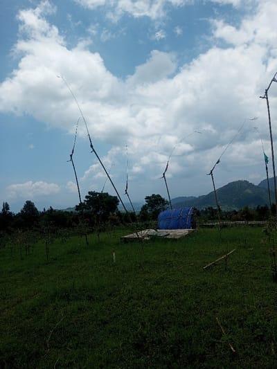 The image displays an outdoor scene in Bagochen Boolingpang Ueling, Bhutan, under a sky with scattered white cumulus clouds. The foreground and midground feature an expanse of green grass with several small trees or bushes. Six tall, slender poles, possibly bamboo, are erected vertically across the field. Each pole has a flexible extension arching from its upper section; one pole on the far right also exhibits a small green flag-like element. Centered in the midground, a rudimentary structure stands on a low base, covered with a blue tarpaulin. A white and orange striped marker stake is visible in the grass in the lower left. Distant hills covered with vegetation complete the background. No individuals are present.