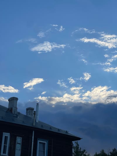 The image shows the roofline of a dark wooden building with a corrugated metal roof against a bright blue sky filled with scattered white and grey clouds. Three chimneys are visible on the roof: the leftmost is a wide, aged brick chimney; the middle chimney is a narrower, older brick structure; and the rightmost is a tall, silver metal chimney with a circular base. The building has several windows with white frames, some appearing weathered. In the distance, the tops of green trees are visible below the right side of the building. The scene appears to be set in a rural or suburban area, possibly on the outskirts of the city of Заречный, Russia, given the architectural style and the presence of natural elements. The lighting suggests it is daytime, possibly late afternoon or early evening due to the varied cloud cover and potential for approaching weather.