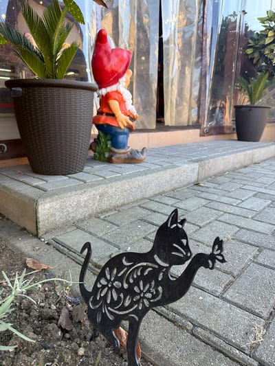 The image depicts an outdoor scene with a focus on decorative garden elements and a store entrance. In the foreground, a black metal silhouette of a cat is positioned on a paved walkway, with its front paw raised as if interacting with a butterfly. The cat silhouette features intricate cut-out floral patterns. To the left and slightly behind the cat, a small patch of soil is visible with some sparse vegetation and fallen leaves. The walkway is constructed from interlocking grey paving stones.
Further back, a low concrete step leads up to the entrance of a building. On this step, a garden gnome with a red conical hat, orange shirt, and blue trousers stands beside a large, dark brown textured planter containing a green leafy plant. Behind the gnome and planter, a transparent plastic curtain hangs, partially obscuring the building's entrance, which appears to be a storefront. Another dark planter with a green plant is visible to the right, near the curtain. The overall environment suggests a commercial or residential exterior setting. The image appears to be taken in Amzara, Abkhazia.