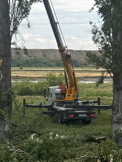 A medium shot captures a yellow crane truck with an extended boom positioned on a grassy area. A person in an orange shirt sits in the crane's operator seat. The truck has a license plate reading "CT 361-CC". The foreground is filled with cut branches and foliage. In the background, a river or body of water is visible, bordered by dry, hilly terrain. The sky is overcast with scattered clouds. The scene appears to be in a rural or semi-rural environment outside the city of Kvemo Khvedureti, Georgia, possibly at a construction or landscaping site.