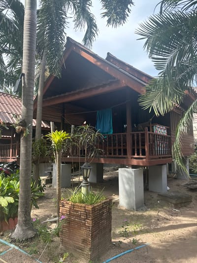 A wooden, stilted house with a dark brown roof is partially obscured by palm trees. The house features a railed porch with a hammock visible in the background. A blue cloth hangs from the porch railing. The house is supported by concrete pillars and a brick structure, with greenery around its base. A black street lamp is also visible near the house. A motorcycle is parked in front of the house.