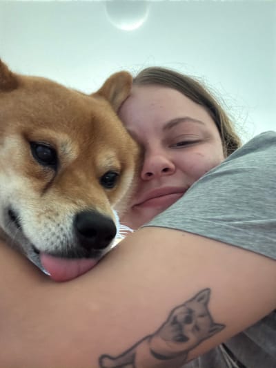 In Priseltsi, Bulgaria, a close-up selfie shows a person with brown hair and a grey t-shirt embracing a Shiba Inu dog. The dog's head is nuzzled against the person's face, with its tongue sticking out. The background is a plain, light-colored wall. A tattoo of a dog's head is visible on the person's arm.