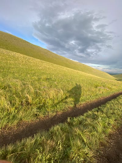 The image shows a grassy hillside with a dirt path winding through it. The sun is casting long shadows, including the silhouette of a person on a bicycle. The sky is partly cloudy with a mix of blue sky and grey clouds. The overall scene is one of a natural landscape, likely a park or rural area. The location in the city of Donskoe, Russia is not explicitly visible in the image, but the scene suggests a natural, possibly hilly terrain.