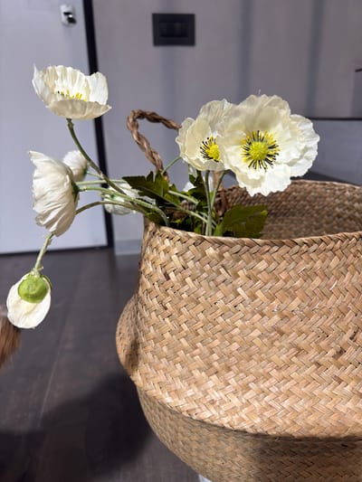 The image depicts a woven basket containing white poppy flowers with yellow and black centers, positioned in front of a gray wall with a light switch and a white wall with a light switch. The basket and flowers are the primary subjects, with the background providing context. The location, Arinj, Armenia, does not inherently influence the visual information presented.