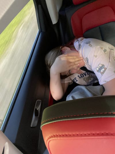 In this indoor shot taken at Среднее Кечево, Russia, a young child is lying on their side in what appears to be the back seat of a vehicle. They are wearing a light-colored pajama top adorned with a pattern of teddy bears and the word "Be" is visible. The child is covering their face with their hand, and their other arm is bent. Behind them, a pillow with a teddy bear graphic and the words "ET LOVE" is visible. The interior of the car features red and black leather seats with visible stitching. The background shows a window with a blurred view of green and white scenery, suggesting the vehicle is in motion. The lighting suggests it is daytime.