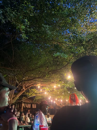 The image depicts an outdoor gathering in Alagba, Nigeria, at night. The environment is decorated with string lights hanging among trees, creating a festive atmosphere. The focus is on a group of people, some seated and some partially visible, suggesting a casual or social event. A person with orange hair is visible behind the tree. There are water bottles and cups on a table near the people, indicating that refreshments are being served. The photograph seems to have been taken from a low angle, capturing the scene from a ground-level perspective.