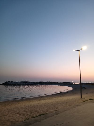 The image depicts a view of the shoreline at sunset from the Florya Beach in İstanbul, Türkiye, located at coordinates 40.956, 28.816. The photo was taken from the sandy beach, looking out towards the sea. In the distance, the seawall juts out into the water, forming a small bay. The water is calm and reflective, reflecting the pink and orange hues of the setting sun. A single streetlight stands tall on the right side of the image, its light illuminating the sand. Several people are gathered in the distance, seemingly enjoying the sunset on the beach.