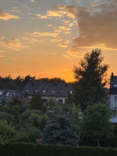 This is a vertical, eye-level shot of houses and trees against a bright orange and yellow sunset sky, taken in Marki, Poland. The sun is low on the horizon, casting warm light on the clouds and the tops of the houses. The houses are modern, with dark gray roofs and several visible dormer windows. Lush green trees and bushes surround the houses, creating a dense, natural barrier. The sky is filled with soft, wispy clouds that are illuminated by the setting sun, creating a beautiful, warm glow. The overall mood of the image is peaceful and serene, conveying the beauty of a summer evening in a suburban setting. There is no visible text in the image.