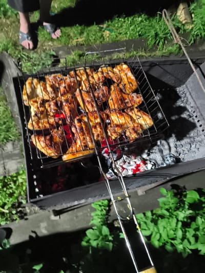 In Il'mino, Russia, an outdoor grilling scene unfolds at night. A metal grill, laden with chicken wings and drumsticks, sits over glowing red embers in a black barbecue pit. The chicken pieces are well-cooked, with visible char marks and a glossy coating. The grill is positioned on a grey concrete base, surrounded by lush green foliage. In the background, the legs of two individuals are visible, one wearing black pants and dark sandals, and the other wearing dark footwear. The overall ambiance suggests a casual outdoor gathering or meal preparation.