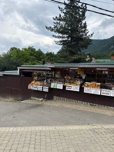 This media file captures a roadside stall in Guamka, Russia, likely selling local produce and delicacies. The stall is situated at the base of a lush, green mountainside, with dense trees and overcast skies suggesting a cool or potentially rainy day. The stall itself is constructed of dark brown wood and has a green metal roof. It is stocked with a variety of items, including what appear to be cheeses, dried fruits, and other preserved goods, displayed in glass containers and on shelves.

Prominently featured are signs with Cyrillic text, advertising products such as "СЫР" (cheese), "Чурчхела" (a Georgian candied fruit snack), and "ПАСТИЛА" (fruit paste). One sign also includes a phone number, (918) 246-04-28, indicating a point of contact for the business. A person, likely a vendor, is partially visible behind the counter, tending to the display.

In the foreground, a paved walkway made of light-colored cobblestones runs alongside the stall, bordering an asphalt road. The overall impression is that of a small, local business catering to travelers or residents in a scenic, mountainous region. The lighting suggests it might be daytime, but the cloudy weather creates a subdued atmosphere.