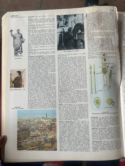 The image is a photograph of an open book, displaying text and illustrations. The page is filled with entries from what appears to be an encyclopedia or dictionary, with various words and definitions.
The prominent subjects in the image are the printed words and images on the pages. There are several illustrations. One is a drawing of a historical figure labeled "Th. A. Edison, en su taller." Another is a detailed illustration of a biological process labeled "Reproducción sexual de una alga edogoniácea," showing diagrams of reproductive cells. There are also two small illustrations of Roman figures, one labeled "edil romano" and another labeled "Edipo (cerámica del s. -IV)." A larger photograph depicts an aerial view of a city, identified by text as "Edinburgh. Centro de la ciudad."
The activity taking place is the display and reading of information from the book. The setting is indoors, with the book open on a surface. The lighting suggests it is daytime, though no specific weather conditions are visible. The page numbers "1142" and "1143" are visible at the top left of the pages. The visible text consists of dictionary entries for words such as "edificante," "edificar," "Edipo," "Edinburgh," and "Edison," along with their definitions and historical or scientific context.