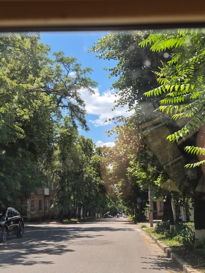 A street view in Kropyvnytskyi, Ukraine, captured from a moving vehicle through a window, likely the front windshield, as indicated by the top edge framing the scene and reflections on the glass. The image displays a tree-lined asphalt road stretching into the distance. On the left side of the road, a dark-colored SUV is parked. Further down the street, residential buildings with multiple windows and balconies are visible, interspersed with more trees. On the right side of the road, there is a sidewalk with grass and foliage, and more trees with dense green foliage casting shadows on the road. The sky above is blue with scattered white clouds, and sunlight is filtering through the leaves, creating lens flares and glare on the window. The overall scene depicts a typical urban environment on a bright, sunny day.