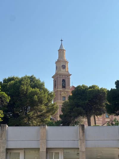 This is a vertical, medium-shot, outdoor photograph taken on a clear, sunny day, likely in the morning or afternoon. The image features a tall, slender clock tower with a pointed spire, constructed from light-colored stone with decorative detailing. The tower has a clock face with Roman numerals. Partially obscuring the tower are lush green trees with dense foliage. In the foreground and to the right of the frame is a modern building with a pale gray, textured facade and horizontal bands of concrete. Windows with white frames are visible on this building. In the background, another building with reddish-brown brick and white trim can be seen. There are no people visible in the image. The scene suggests an urban or semi-urban setting with a mix of historic and modern architecture. The bright blue sky indicates fair weather. The image is rotated 90 degrees counter-clockwise.