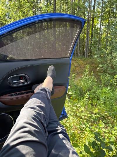 The image depicts a close-up view of a person's legs and feet resting on the open door panel of a blue car. The person is wearing dark grey trousers and charcoal grey socks. The car door interior is visible, showing a black leather panel with a chrome door handle, power window controls, and a brown leather armrest. A mesh sunshade is attached to the window. The car is parked in a natural, outdoor environment with abundant green foliage and tall trees in the background, suggesting a forested area. The sunlight indicates it is daytime. The location in Serebryany Bor, Russia, is not visually discernible from the image.