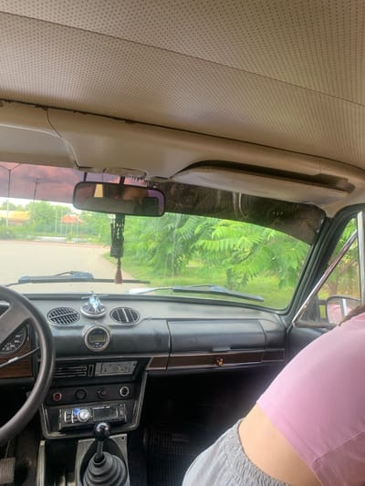 The image shows the interior of a car, looking out the windshield. The dashboard is visible, with a steering wheel on the left and a gear shift in the center. A person wearing a pink shirt and grey shorts is visible on the right, partially obscuring the view. Outside the car, trees and a road are visible. There is a hanging air freshener from the rearview mirror. The scene appears to be in a rural or suburban area, possibly in Hoholeve, Ukraine, based on the provided context.