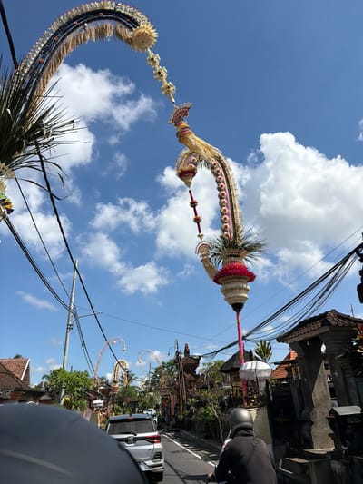The image depicts a street scene in Tampaksiring, Indonesia, likely during a cultural or religious festival. The most prominent features are two elaborately decorated, towering arches adorned with flowers, leaves, and straw-like materials. These arches are characteristic of Balinese decorations, possibly for Galungan or other local celebrations.
In the foreground, a person wearing a black jacket and a grey helmet rides a motorcycle. The motorcycle is in motion, indicating that the photo was taken from a moving vehicle. Behind the motorcycle, a silver SUV is visible, also appearing to be in traffic.
The street is lined with traditional Balinese architecture, featuring tiled roofs and stone carvings. Several utility poles with a complex network of wires are also present, suggesting a developed urban or semi-urban area. The sky is a bright blue with scattered white clouds, indicating fair weather. The overall impression is of a vibrant, culturally rich environment amidst everyday life.