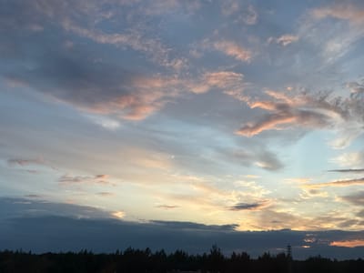 This is a photograph of a cloudy sky taken from the area of Сеніцкі сельскі Савет, Belarus. The image is dominated by the sky, with a dark silhouetted treeline at the bottom. The clouds are a mix of grey and pink, illuminated by what appears to be the setting sun. Some of the clouds are wispy and thin, while others are thicker and more dramatic. The overall impression is one of a peaceful, natural scene at dusk. There are no people or specific objects visible in the image other than the trees and the sky.