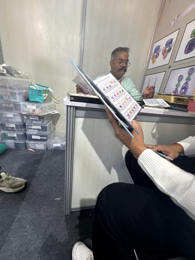 An indoor scene within a trade show or exhibition booth at Jaipur Municipal Corporation, India, is depicted. In the foreground, partially visible on the right, an individual wearing a white ribbed long-sleeve top and black pants holds an open catalog titled "MULTI-COLOR STONE CHART," displaying a grid of small, colorful stone illustrations. A white sneaker is visible on the dark grey carpeted floor.
In the mid-ground, a man with a mustache, glasses, and a red mark on his forehead is seated behind a light-colored counter. He wears a light green collared shirt and holds a pen or stylus in his right hand, appearing to review documents or a book on the counter. Various items are on the counter, including papers, a black binder, a small golden-colored scale or weighing device, and a pink organizer.
The background features light-colored wall panels. Behind the seated man, four framed images showcasing colorful gemstone jewelry designs, including pendants and earrings with prominent blue, green, and purple stones, are displayed on the wall. To the left of the seated man, a stack of clear plastic storage containers filled with small objects is visible on the floor and against the wall. A light blue bag rests atop some containers, and an orange tool lies on the carpet. The booth's structure incorporates vertical silver-colored aluminum elements.