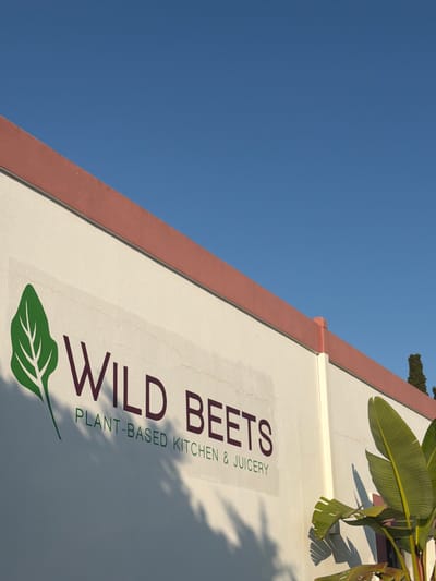 This is a low-angle outdoor shot of the exterior wall of a building against a clear blue sky. The wall is painted white and has a salmon-colored trim along the top. A logo is visible on the wall, featuring a green leaf to the left of the text "WILD BEETS" in dark purple letters. Below this, the text "PLANT-BASED KITCHEN & JUICERY" is written in green. The building appears to be in Santa Eulària des Riu, Spain. Shadows from foliage are cast across the wall and the text. A large green plant with broad leaves is partially visible on the right side of the frame. A few evergreen trees are visible in the distance on the right edge of the image. The overall lighting suggests it is daytime.