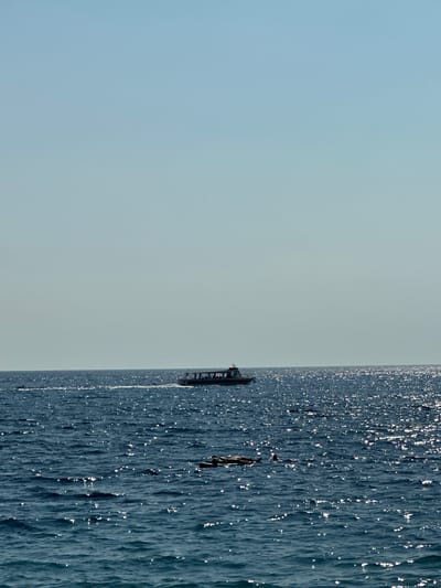 This media file depicts a serene seascape with a large cargo ship traversing calm, blue waters. The sun, possibly during the late afternoon or early evening, casts a shimmering reflection across the water's surface, creating a dynamic interplay of light and shadow. A lone figure, appearing small against the vastness of the ocean, stands on what looks like a buoy or a small boat, adding a touch of human presence to the scene. The horizon is clear and unobstructed, with a soft gradient of blue from the sky meeting the deep blue of the sea. The cargo ship, a dark silhouette against the bright water, is the most prominent man-made object, suggesting a journey or trade activity. The overall mood is one of tranquility and peaceful isolation, with the vastness of the ocean and the gentle movement of the water dominating the visual narrative. The location is Perazića Do, Montenegro, a place known for its coastal beauty.