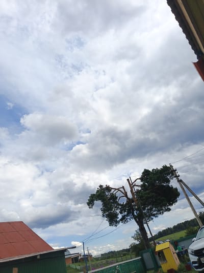 A low-angle, wide shot captures a predominantly cloudy sky above a rural scene in Islambaevo, Russia. In the foreground, the reddish-orange roof of a building is visible on the left. Further into the scene, a large evergreen tree with dark green foliage dominates the mid-ground, its branches reaching towards the sky. A utility pole with multiple wires is situated to the right of the tree, with more poles extending into the distance. A small, yellow, shed-like structure is located near the base of the tree. A white car is partially visible on the far right. The background consists of a green field and a treeline under the expansive sky. The overall impression is one of an overcast day in a village setting.