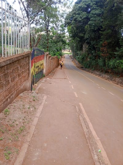 The image captures an asphalt road sloping downhill in Murang'a, Kenya. On the left, a reddish-brown block wall runs parallel to a paved sidewalk of similar color. An open metal gate, painted with vertical black, yellow, and red stripes, is integrated into the wall. Text on the gate clearly reads "NATIONAL POLICE SERVICE MURANG'A". Above the wall and behind the gate, a white vertical bar fence borders an area dense with green trees. One individual, dressed in a yellow shirt and dark skirt, walks away from the viewer on the sidewalk. The asphalt road, also reddish-brown, features faded white dashed lane markings and a dark drainage channel along its right edge. Several indistinct figures are visible further down the road, appearing to be people or motorcycles. The right side of the road is bordered by a thick line of green trees and bushes. The sky, partially visible through the foliage, appears overcast.