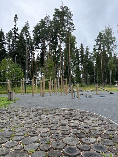 The image depicts an outdoor fitness park located in Pavlovskaya Sloboda, Russia. The park features a variety of wooden and metal exercise equipment, including pull-up bars, parallel bars, and what appears to be an inclined balance beam. The ground is covered with dark grey gravel, and a circular pathway made of wooden log rounds is visible in the foreground. In the background, a dense forest of tall pine trees dominates the landscape under a cloudy sky. A trash receptacle is present near the exercise equipment. There are no people visible in the image.