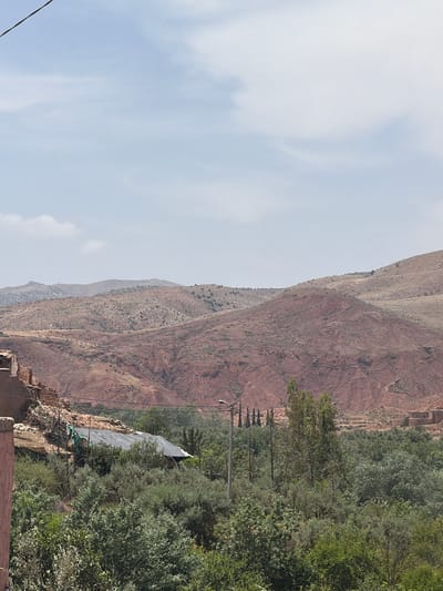 The image displays a vibrant mountainous landscape in Tahannaout, Morocco, under a bright, clear sky. The left side of the frame is dominated by a pale blue sky featuring subtle, wispy white cloud formations.
Across the center and right side of the image, a prominent range of reddish-brown mountains extends, characterized by rugged, textured slopes with sparse vegetation. In stark contrast, the far right and bottom right portions of the frame are filled with a lush, green area featuring numerous trees and dense foliage. Several utility poles with black power lines traverse this verdant expanse, with one pole topped by a street lamp. Partial structures are nestled within the foliage, including one building covered by a dark, possibly tarpaulin, roof. In the immediate bottom right corner, a section of a crumbling reddish-brown wall or structure is visible.
No people are present in the scene, and no specific activity is taking place, contributing to a sense of tranquility in this natural setting. The lighting suggests daytime, likely morning or early afternoon, with clear conditions. There is no visible text. The landscape's blend of arid mountains and pockets of green vegetation is characteristic of the region.