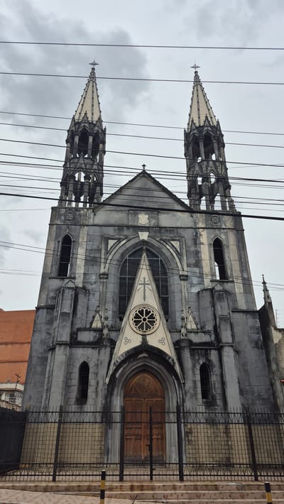 The image depicts the facade of a grey stone church with two prominent spires against a cloudy sky. Power lines crisscross the foreground. The church features Gothic architectural details, including pointed arches, a rose window, and triangular ornamentation. A large wooden door is visible behind a metal fence and brick wall. The location is Valencia, Venezuela. There are no people visible in the image.