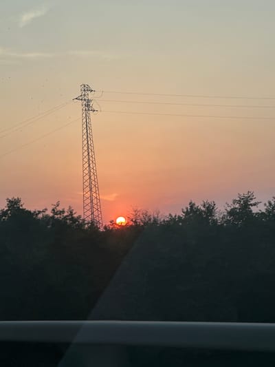 A power line tower stands tall against a sunset sky in Chaudeney-sur-Moselle, France. The sky transitions from a pale blue at the top to a warm orange and pink hue near the horizon, suggesting the sun is setting. The sun itself is a bright orange orb peeking through a dense line of dark green trees that form a silhouette across the lower portion of the image. Several small, dark specks, possibly birds, are scattered across the sky, adding a sense of scale and movement. Power lines stretch horizontally from the tower across the sky. The foreground is obscured by a dark, blurred element, possibly a car window or a railing, which has a diagonal reflection running across it.