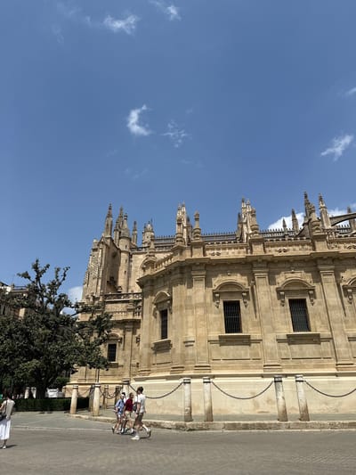 A bright, sunny daytime scene in Sevilla, Spain, showcases the elaborate architecture of a large stone building, likely a cathedral or similar historical structure. The building features an intricate facade with numerous decorative spires, pinnacles, and arched windows fitted with dark grilles. Its light-colored stone is illuminated by direct sunlight, casting clear shadows and highlighting its detailed carvings.
A wide, paved street or plaza runs alongside the building. Along the edge of this paved area, a series of stone bollards are connected by dark chains, forming a barrier. Several people are walking on the paved surface, including a group of four individuals in casual summer attire in the mid-ground. A large, leafy tree with dark green foliage partially obscures the lower left section of the building and the street. The sky above is a clear, bright blue with scattered white clouds. The strong sunlight and clear conditions indicate a pleasant, warm day. No visible text is present in the image.