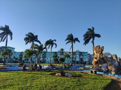 A public park with a grassy lawn and tall palm trees under a clear blue sky. Behind the trees are low-rise apartment buildings painted in light blue. Rocks and a low, blue decorative wall are also visible. People sit and relax on benches and near the park's decorative features. The scene has a tropical, urban feel.
